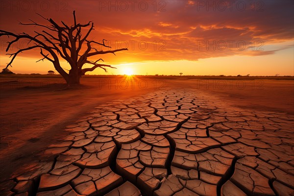 Drought climate change ecology solitude concept, dry dead tree in desert with a dry, cracked ground on sunset. The tree is the only sign of life in the barren landscape, AI generated