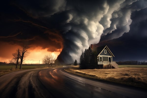 Disaster catastrophe storm concept, tornado in a field in the USA with wooden house and road under stormy dark sky, AI generated