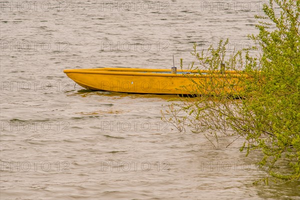 Small wooden yellow boat drifting in lake with choppy water with a lush green bush covering the rear part of the boat