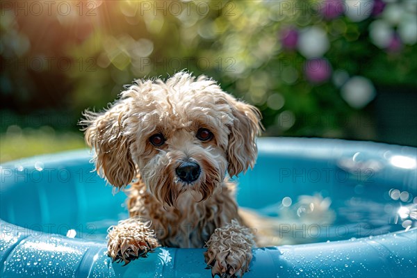 Cute dog in paddling pool with water in summer. KI generiert, generiert, AI generated