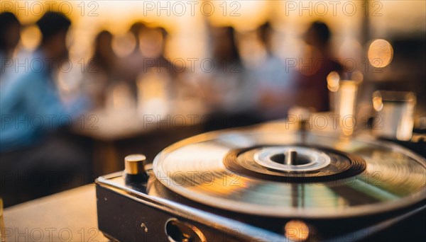 Record player needle on a spinning vinyl record with a blurred party scene in the background, AI generated