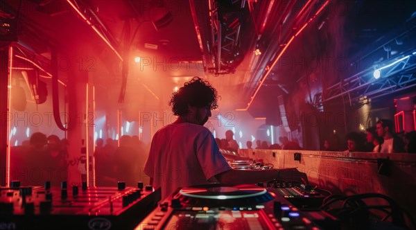 DJ is playing modern electronic music at a popular nightclub, AI generated