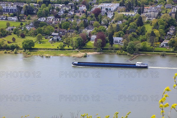 View from Drachenfels, mountain in the Siebengebirge on the Rhine with cargo ships between Koenigswinter and Bad Honnef, North Rhine-Westphalia, Germany, Europe