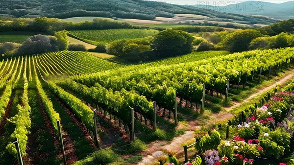 AI generated aerial view of a vineyard landscape interspersed with blooming wildflowers in spring