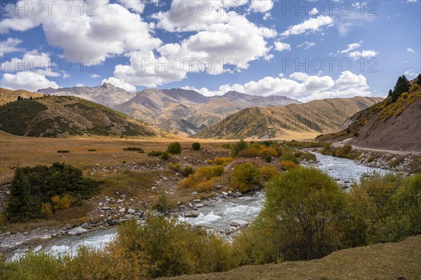 Autumn mountain landscape in the Karkyra Valley, Karkyra River, Kyrgyzstan, Asia