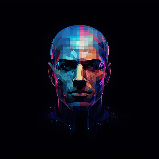 AI generated male human head digitalised in pixel art style presenting a mosaic of vibrant hues in neon glow