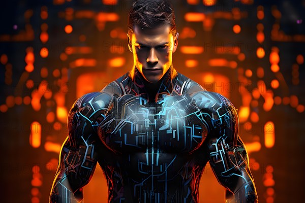 AI generated cybernetic male figure composed of fluid computer code symbolizing artificial intelligence