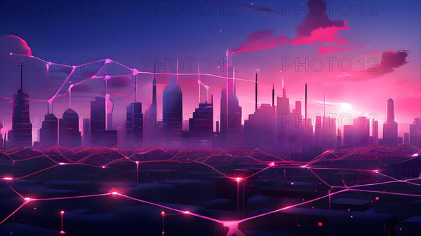 Ai generated conceptual illustration of a neuronal network with city skyline in the background in pink colors, AI generated