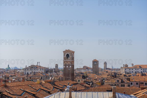 View over the roofs of Venice with church towers, view from the roof of the Fondaco dei Tedeschi, Venice, Veneto, Italy, Europe