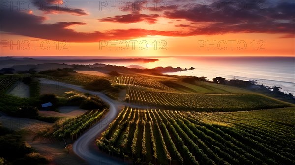 AI generated aerial view of a coastal vineyard with ocean in the background in ambient light