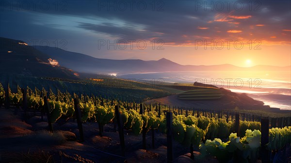 AI generated panoramic view of a coastal vineyard with ocean in the background in ambient light