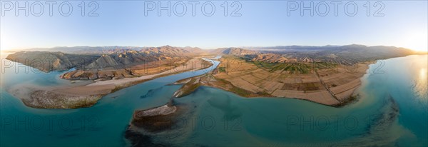 Panorama, River mouth of the Naryn River at Toktogul Reservoir at sunset, aerial view, Kyrgyzstan, Asia