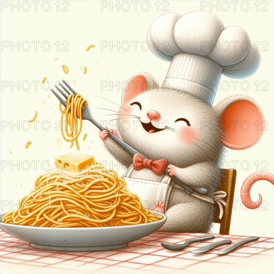 Delightful illustration of a cartoon chef mouse savoring a delicious plate of spaghetti, exhibiting joy and culinary passion, perfect for children's book illustrations or food-related themes, AI generated