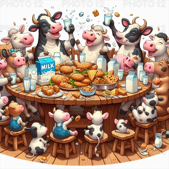 Cheerful group of animated cows gathers around a large wooden table, joyously feasting on an assortment of dairy products, including milk, cheese, and butter, in a whimsical, colorful illustration, AI generated
