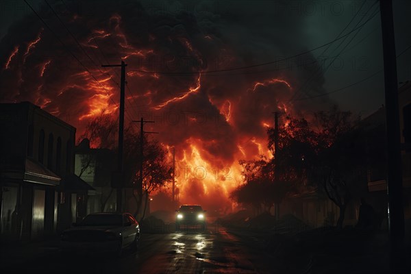 A car is driving down a street escaping a large fire in the background. The scene is dark and ominous, with the fire casting an eerie glow on the surrounding area, AI generated