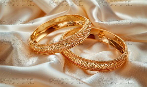 Pair of intricately designed gold bracelets arranged on a smooth satin material background AI generated