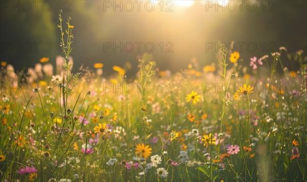 Delicate morning light casting soft shadows on a field of wildflowers AI generated