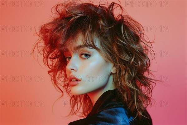 Young pretty woman with 1980s hairstyle and makeup. KI generiert, generiert, AI generated