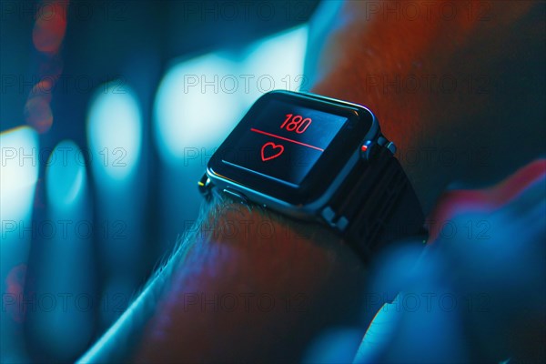 Close up of fitness smart watch showing pulse of 180. KI generiert, generiert, AI generated