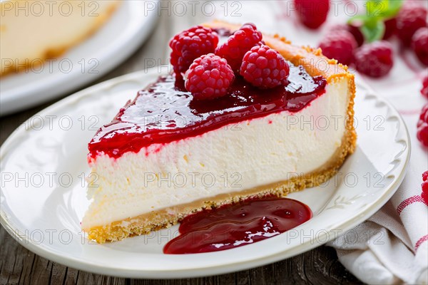 Slice of American Cheesecake with raspberry on plate. Close up of wind mill turbine covered in ic ein winter, AI generated