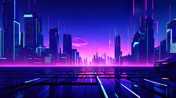 AI generated illustration of a cityscape with skyscrapers and holographic elements in blue and pink colors
