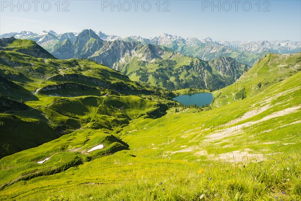 Panorama from Zeigersattel to Seealpsee, on the left behind the Hoefats 2259m, Allgaeu Alps, Allgaeu, Bavaria, Germany, Europe