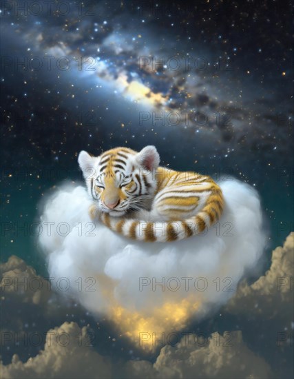 Adorable tiger cub rests peacefully on a cloud against a magnificent cosmic background, AI generated