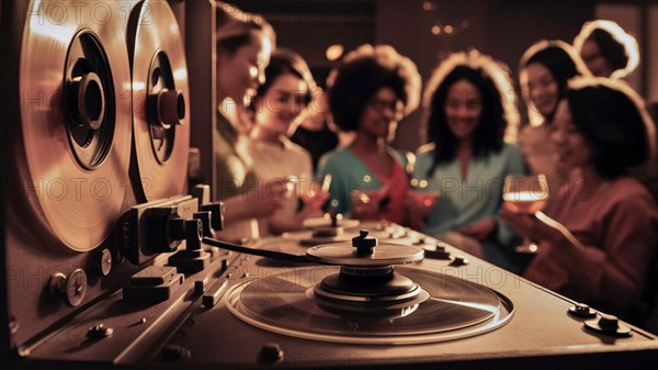 Vintage reel-to-reel tape recorder at a lively party with people enjoying in the background, AI generated