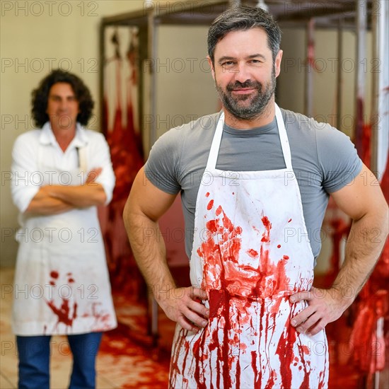 Butcher with a blood-stained apron stands confidently in a meat locker with colleague behind, AI generated