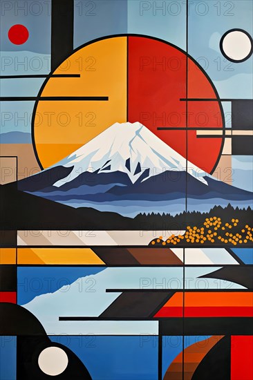 A peaceful landscape with the impressive Mount Fuji in the distance, surrounded by geometric patterns and abstract shapes inspired by Japanese cultural symbols, exuding a sense of harmony between nature and human creativity, Japan, AI generated, AI generated, Asia