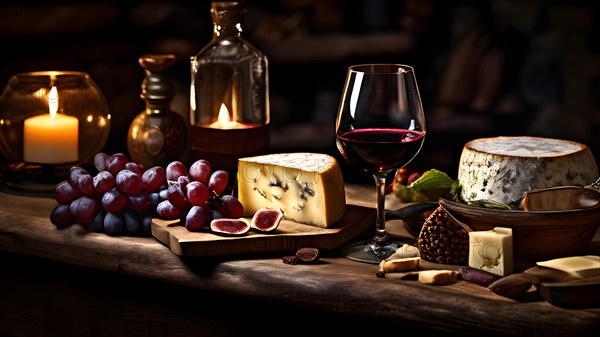 AI generated cellar wine tasting setup featuring rustic wooden table supporting several glasses of red wine