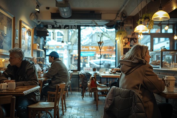 Coffee shop scene with patrons comfortably reading by the window with a city view, AI generated