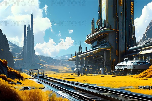 AI generated industrial futuristic landscape merging with ecopunk aesthetics in yellow colors