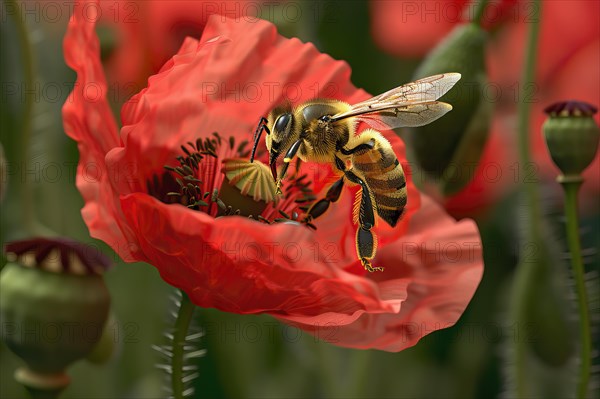 Honeybee foraging a red poppy, AI generated