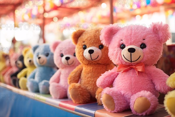 Colorful teddy bear plush toy prizes at funfair booth. KI generiert, generiert, AI generated