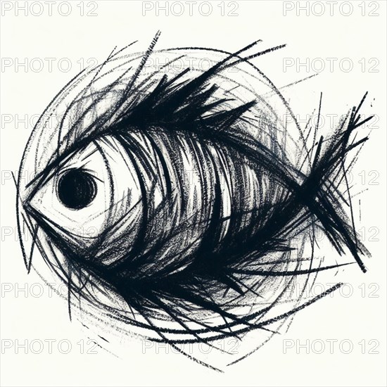 Abstract sketch of a fish caught in a chaotic tangle of frantic lines, AI generated