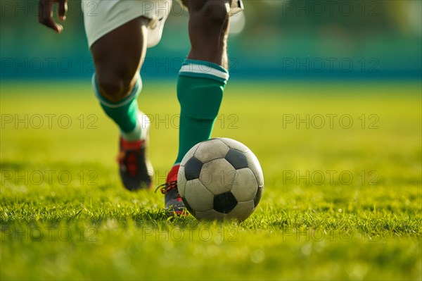 A soccer player kicks a ball on a football stadium field during game, AI generated