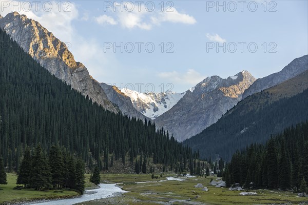 Mountain river, Dramatic mountains with glaciers, Mountain valley, Chong Kyzyl Suu valley, Terskey Ala Too, Tien-Shan Mountains, Kyrgyzstan, Asia
