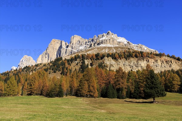 Massive rock formations above a grassland with autumnal trees, Italy, Alto Adige, Bolzano province, Dolomites, Catinaccio, Europe