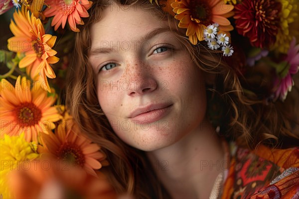 Young beautiful woman with long hair with flowers. KI generiert, generiert, AI generated
