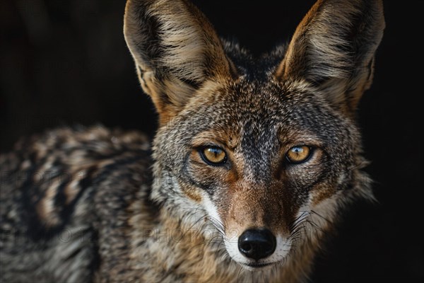 Portrait of wild Jackal in front of dark background. KI generiert, generiert, AI generated