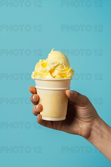 Hand holding yellow ice cream in cup. KI generiert, generiert, AI generated