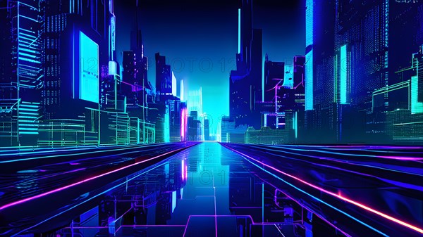 AI generated illustration of a cityscape with skyscrapers and holographic elements in blue and pink colors