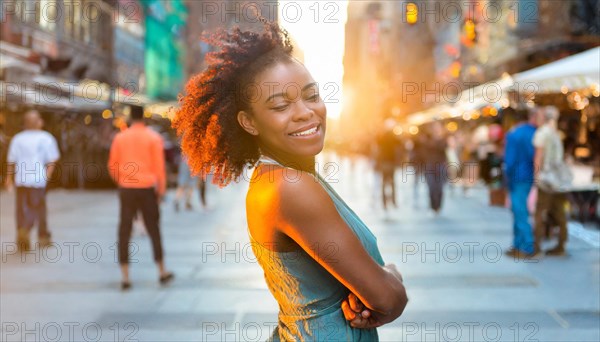 Joyful woman with arms crossed standing on a bustling city street at sunset, AI generated