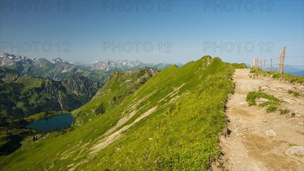 Panorama from Zeigersattel to Seealpsee, Allgaeu Alps, Allgaeu, Bavaria, Germany, Europe