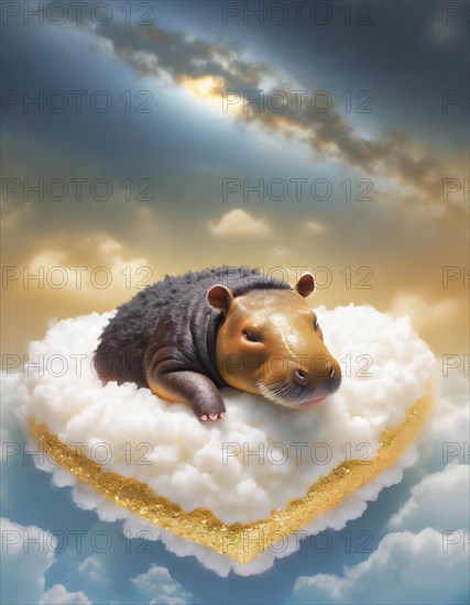 Playful illustration of a capybara lounging on a fluffy cloud with a beautiful sunset backdrop, AI generated