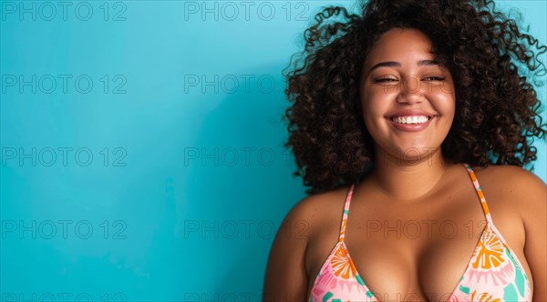 A plus size black afro-american bikini model with curly hair is smiling and wearing a bikini top. Concept of confidence and happiness, AI generated