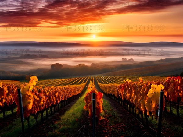 AI generated sunrise over a lush vineyard during autumn with harvest dew kissed grapes glistening