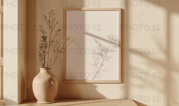 A blank image frame mockup on a soft peachy beige wall in a Scandinavian-style interior room AI generated