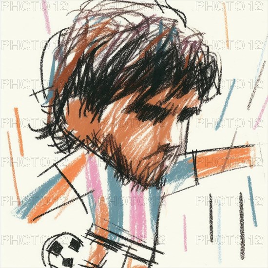 An action sketch of a football player with brown hair and blue striped elements, AI generated